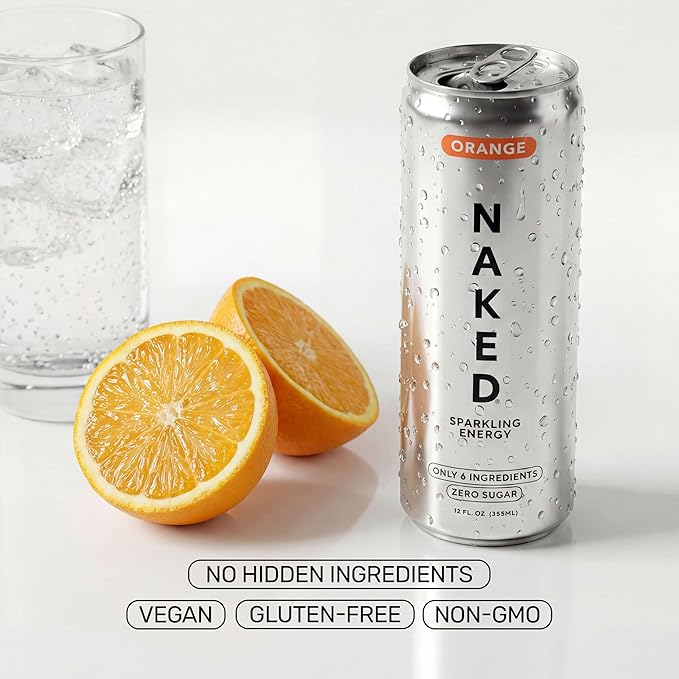 Naked Sparkling Energy Drink - Orange Organic Caffeine Organic Lemon Juice Zero Sugar No Sucralose Naturally Sweetened Clean Energy Drinks Vegan Gluten-Free Non-GMO - 12oz Cans (Pack of 12)
