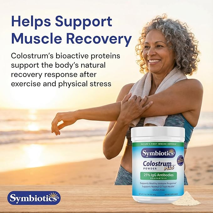 Symbiotics Colostrum Plus Powder 2.25 oz – Immune &amp Muscle Recovery Support 25% IgG Immunoglobulins Gut Health &amp Training Resilience Unflavored Gluten Free - 2.25 oz