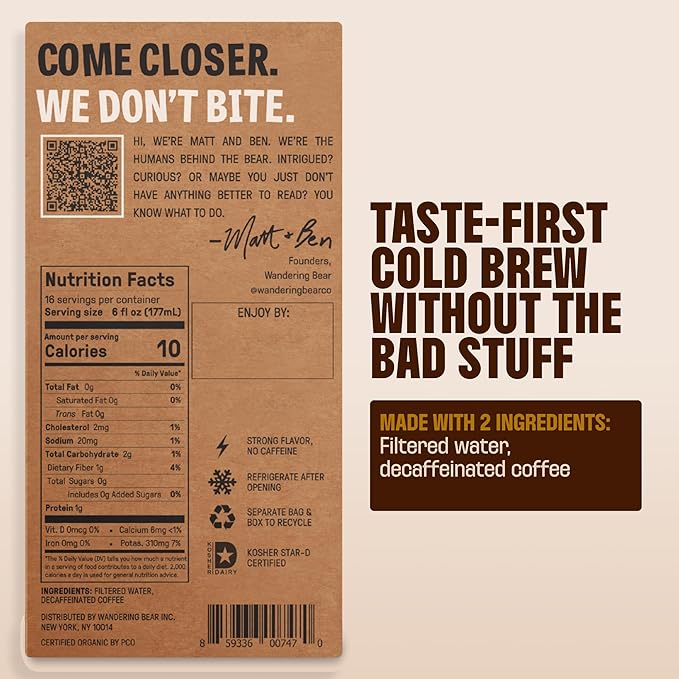 Wandering Bear Decaf Cold Brew Coffee On Tap Iced Coffee Drink - Bold Smooth No Sugar Added Shelf-Stable Ready to Drink Gluten Free &amp Vegan Decaf - 16 Servings of 6fl.oz - 96fl.oz