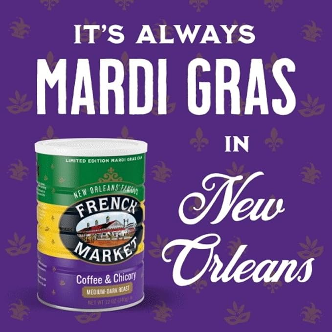 French Market Coffee &amp Chicory Medium-Dark Roast Ground Coffee 12oz Limited Edition Mardi Gras Can (Pack of 3)