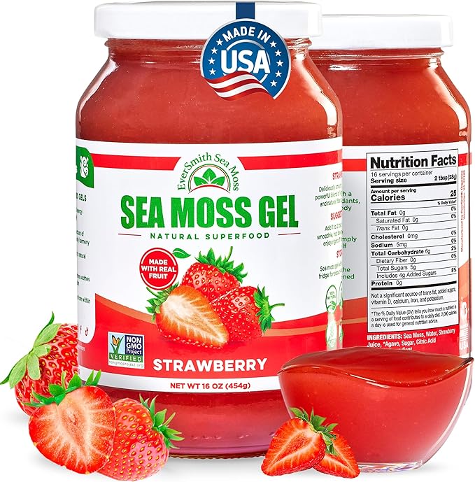 Wildcrafted Irish Sea Moss Gel | Made in USA | Rich in Vitamins &amp Minerals | Sea Moss Gel Raw | Nutritional Supplement | Strawberry (16 oz)