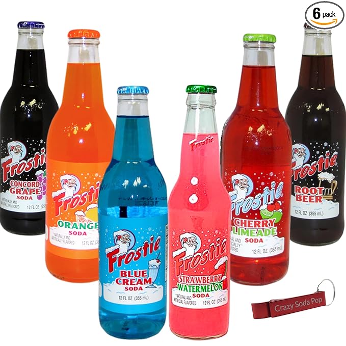 Frostie Variety Pack | 6 Pack of Frostie’s Most Popular Soda Flavors | Real Cane Sugar | 12 oz Glass Bottles in 6 Pack with Crazy Soda Pop Bottle Opener (6 Pack)