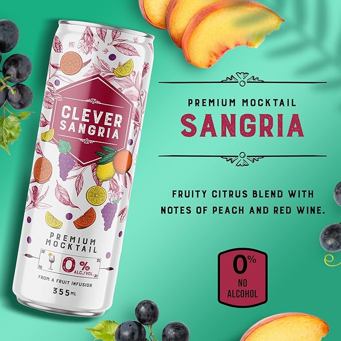 CLEVER - Sangria Nonalcoholic Mocktails for Any Occasion Refreshing Beverages with Citrus &amp Botanical Extracts Low-Calorie Mocktails Non-alcoholic Drinks with 70 Calories Pack of 12 (12 oz Ea)