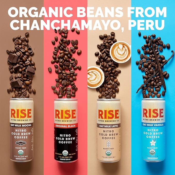 RISE Brewing Co. Nitro Cold Brew Coffee Organic Non-GMO Clean Energy &amp Low Acidity 3x Original Black Oat Milk Latte Oat Milk Mocha &amp Oat Milk Vanilla 7 Fl. oz. Cans (12 pack)