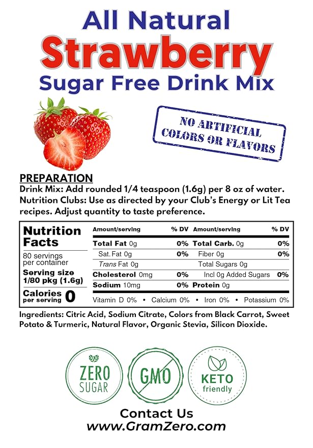 GramZero All Natural Strawberry Zero Calorie Sugar Free Drink Mix Great For Nutrition Club Loaded Tea Stevia Sweetened