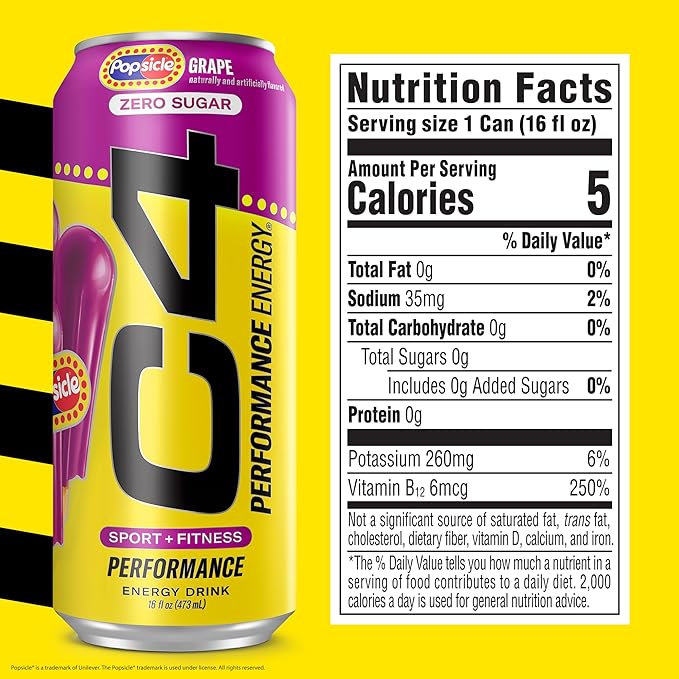 Cellucor C4 Energy Drink x Grape Popsicle Carbonated Sugar Free Pre Workout Performance Drink with no Artificial Colors or Dyes 16 Oz Pack of 12 | Carbonated Pre Workout Performance Drink no Art