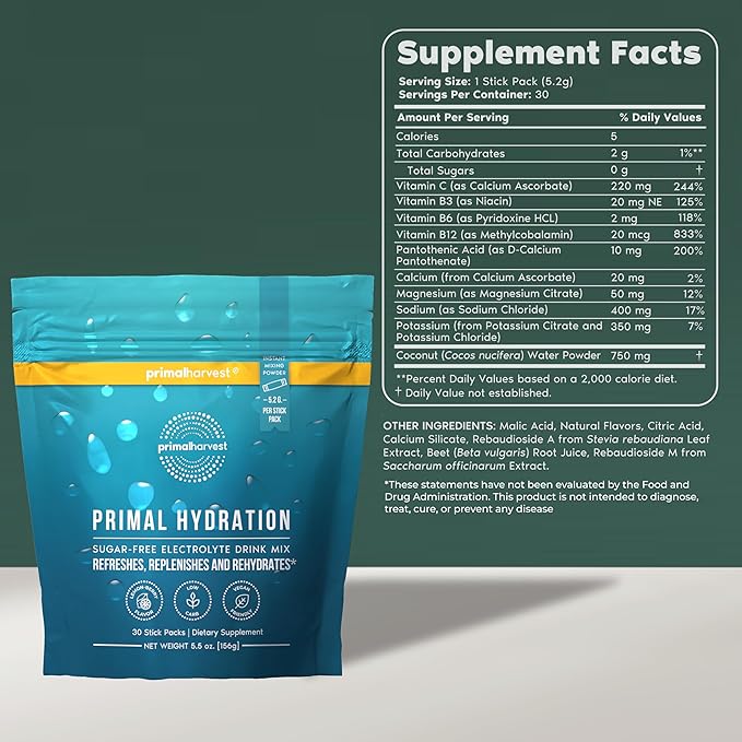 Primal Harvest Electrolytes Powder Packets Primal Hydration Easy Open Packets Energy Drink Mix 2 Pack Bundle (Lemon Berry 60 Packs)