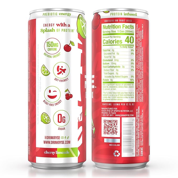 RYSE Functional Energy Drink - Kool-Aid Cherry Limeade - 150mg Natural Caffeine 8g Whey Protein &amp 1g Prebiotics - Sugar Free Gut-Friendly Bloat-Free - 12 fl oz Cans (12-Pack)