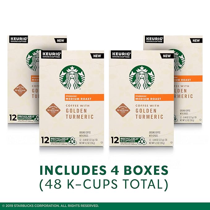 Starbucks Medium Roast K-Cup Coffee Pods with Golden Turmeric — for Keurig Brewers — 4 boxes (48 pods total)