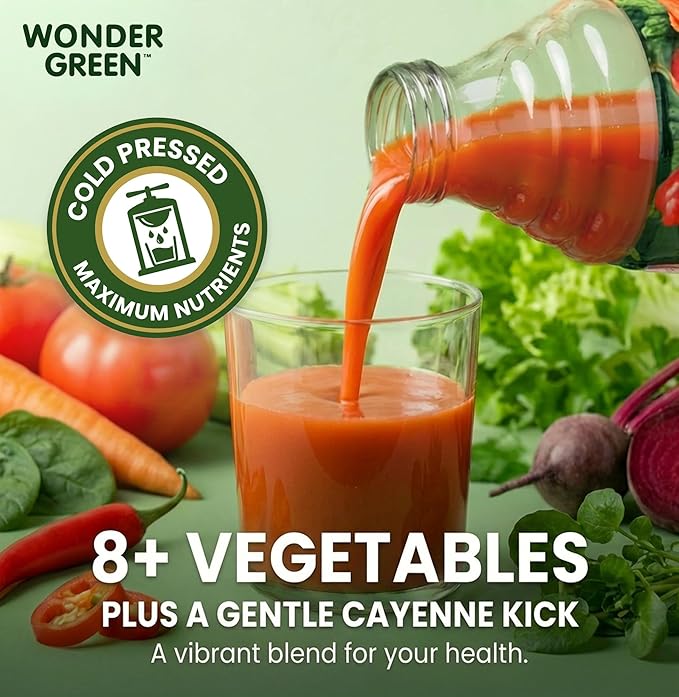 Wonder Green 100% Organic Veg8 + Cayenne Cold Pressed Juice 8.45 oz (6 Pack) | Vegetable Juice Blend All Natural No Additives or Preservatives Not from Concentrate
