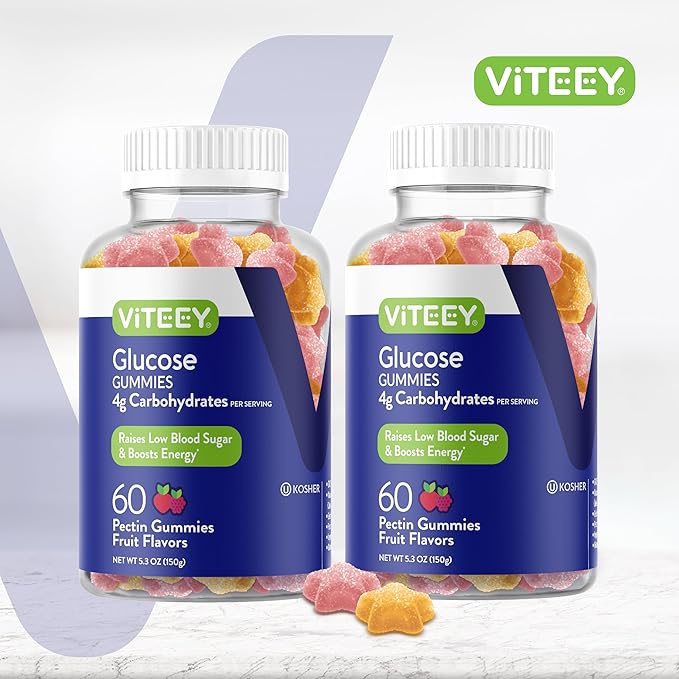 Viteey Glucose Gummies - 4g of Carbohydrates - Fast Acting Alternative to Glucose Tablets - Energy and Blood Sugar Support - Vegan Gluten Free Gelatin Free - 120 Count