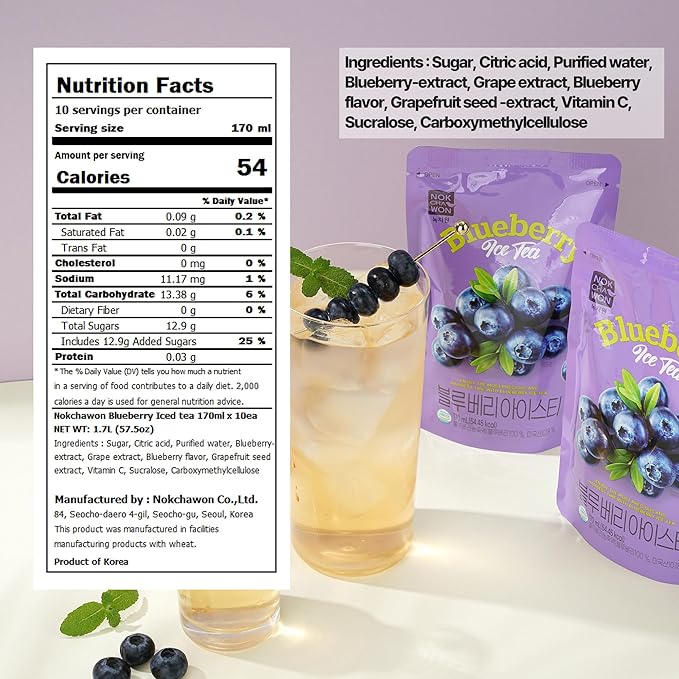 [Nokchawon] Korean Blueberry Iced Tea Pouch - Ready to Drink Fruit Tea for Ice Cups - Refreshing Blueberry Juice Base for Cocktails and Mocktails - Premium K-Drink Packs 10 Count