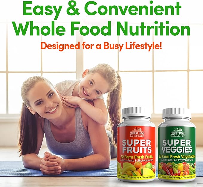 Country Farms Fruits and Vegetables Supplement 180 Fruit and 180 Veggie Capsules Greens and Reds Packed with Superfoods Powerful Antioxidants 60 Servings