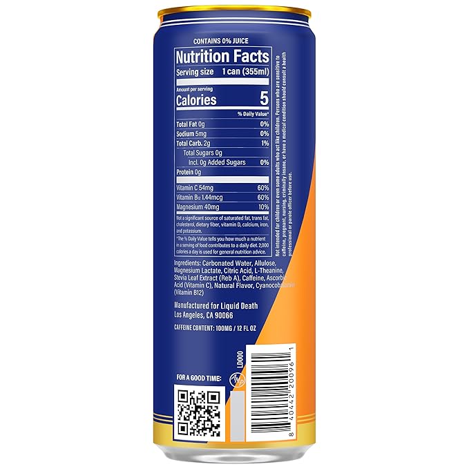 Liquid Death Sparkling Energy - Orange Horror (Orange and Cream) Zero Sugar Energy Drink Unextreme Caffeine 100mg Essential Vitamins 12 Fl Oz (Pack of 12)