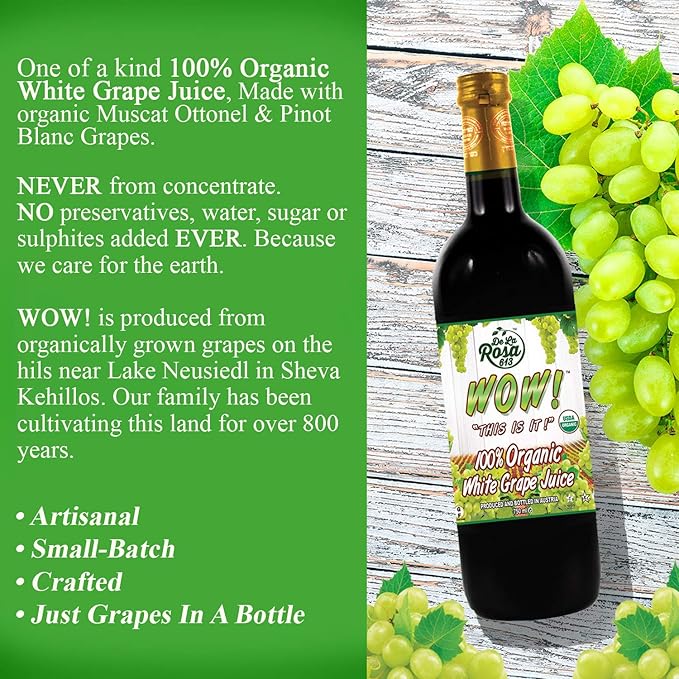 De La Rosa Organic White Grape Juice Kosher Non-GMO &amp Gluten Free No Preservatives or Sulfites Vegan White Grape Juice 25.4 Oz Glass Bottle (Pack of 6)