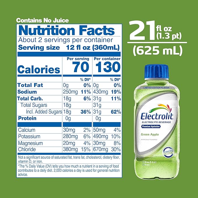 Electrolit Electrolyte Beverage Green Apple 21 Fl Oz bottle (Pack of 12)