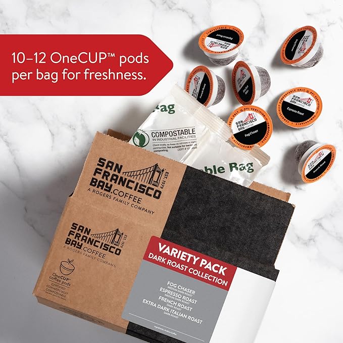 San Francisco Bay Coffee - Dark Roast Variety Pack (40 ct) - Fog Chaser Espresso Roast French Roast &amp Extra Dark Italian - Single Serve Coffee Pods Commercially Compostable K Cup Compatible