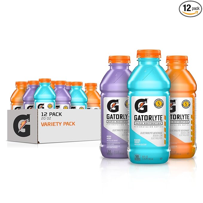 Gatorlyte Rapid Rehydration Electrolyte Drink 3 Flavor Variety Pack 2.0 Specialized Blend of 5 Electrolytes Lower Sugar No Artificial Sweeteners No Artificial Flavors 20 fl oz Bottles (12 Pack)