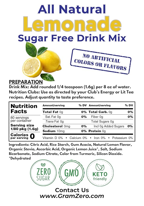 GramZero All Natural Lemonade Zero Calorie Sugar Free Drink Mix Great For Nutrition Club Loaded Tea Stevia Sweetened