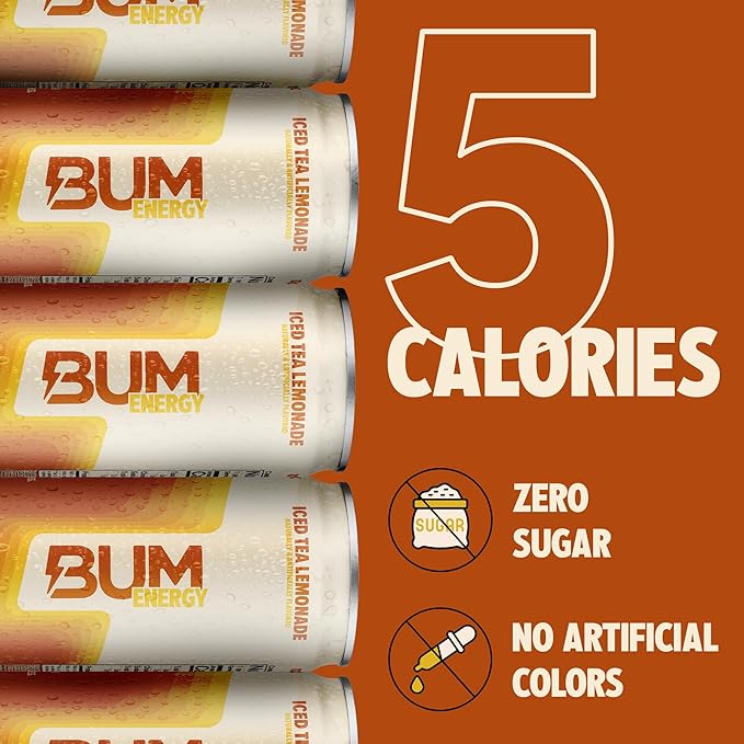 BUM Sugar-Free Energy Drink Iced Tea Lemonade - No Artificial Colors Natural Caffeine &amp Citicoline for Energy &amp Focus Brain Boost &amp Workout Sports Beverage - 12 oz Pack of 12