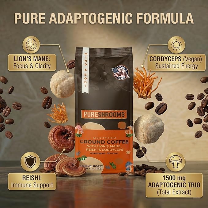 PureShrooms Mind &amp Body Ground Mushroom Coffee – Focus Energy &amp Mood Support – Premium Arabica with Organic Lion’s Mane Reishi &amp Cordyceps – Low Acidity Jitter-Free Medium Roast – 340g