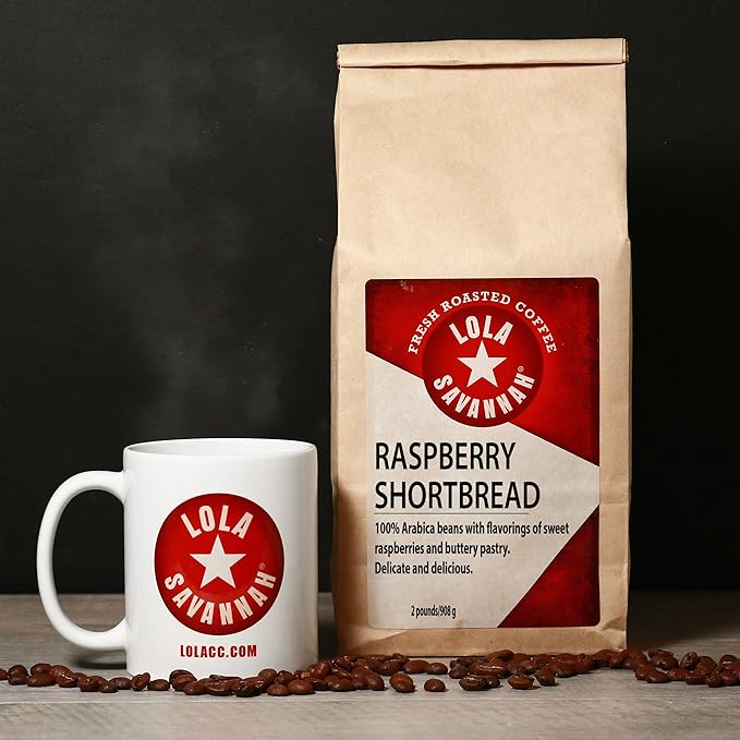 Lola Savannah Raspberry Shortbread Whole Bean Coffee - Tart Raspberries Combined with Lightly Sweeten Shortbread | Caffeinated | 2lb Bag
