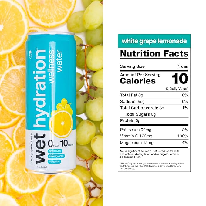 Wet Hydration Wellness Water | Electrolyte Drink with Ashwagandha &amp L-Theanine – White Grape Lemonade (12oz Cans Pack of 12) | Zero Sugar 10 Calories Zero Bubbles Functional Hydration