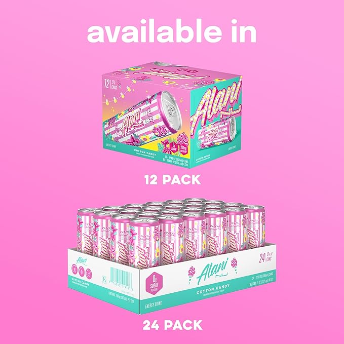 Alani Nu COTTON CANDY Sugar Free Low Calorie Energy Drinks 200mg Caffeine Biotin B Vitamins Zero Sugar 10 Calories 12 Fl Oz Cans 12 Pack