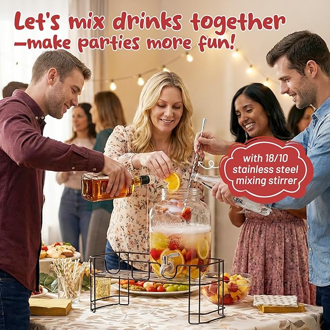 KIKCOIN 1 Gallon Glass Drink Dispensers for Parties 2 Pack Leakproof Beverage Dispenser with Stand &amp 18/10 Stainless Steel Spigot &amp Filter -for Lemonade Juice Sun Tea Punch- ALL DISHWASHER