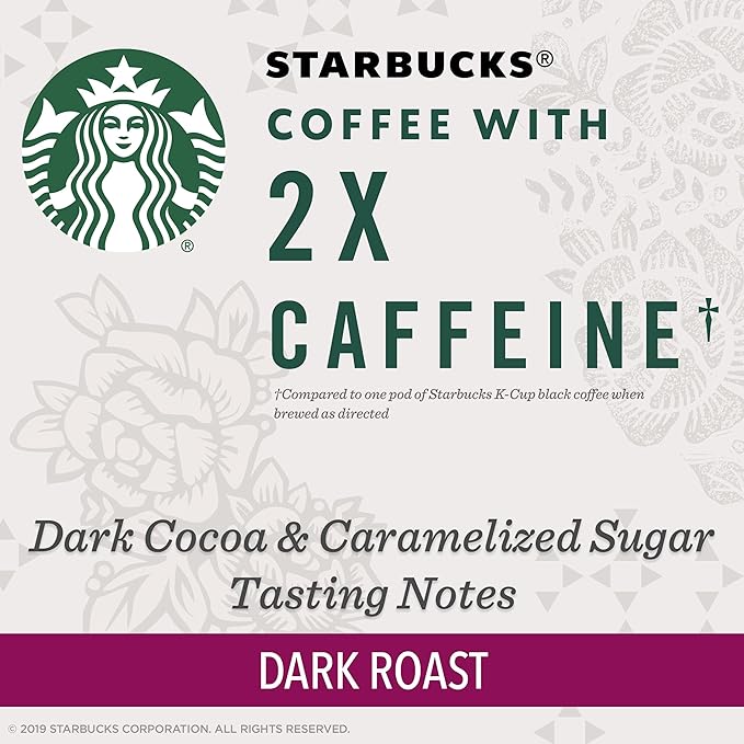 Starbucks Dark Roast K-Cup Coffee Pods with 2X Caffeine for Keurig Brewers 6 boxes (60 pods total)