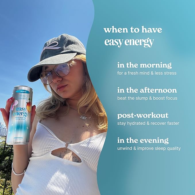 Easy Energy Drink (Peach) – Zero Sugar Sparkling Energy Drink with Natural Caffeine Magnesium &amp Lion’s Mane – Clean Energy for Workouts &amp Busy Days – 12 Pack