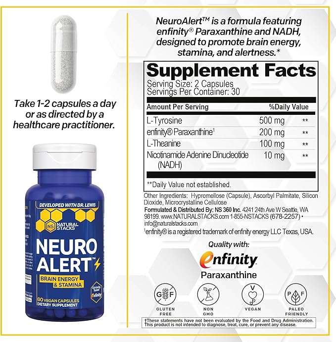 NATURAL STACKS NeuroAlert - 200mg Paraxanthine Energy Supplement - Caffeine Free Focus w/ 500mg L-Tyrosine &amp 100mg L-Theanine - 10mg NADH for Cellular Energy Support - 60 Paraxanthine Capsules