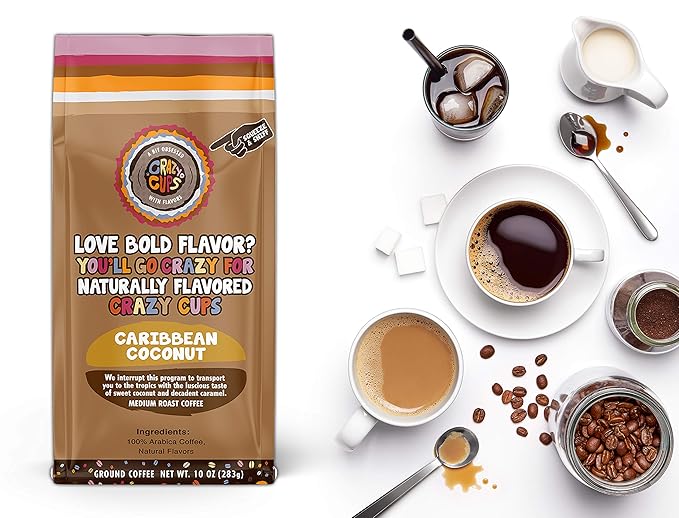 Crazy Cups Flavored Ground Coffee Caribbean Coconut in 10 oz Bags For Brewing Flavored Hot or Iced Coffee 3 Pack