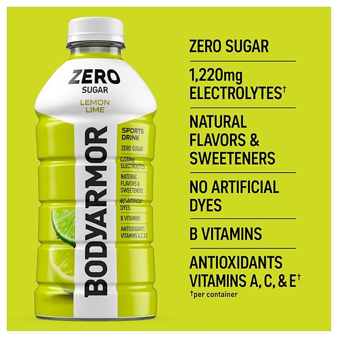 BODYARMOR ZERO Sugar Lemon Lime Electrolyte Drink Natural Flavors 28 Fl Oz Bottles (15 Pack) B Vitamins &amp Antioxidants Sugar Free Hydration
