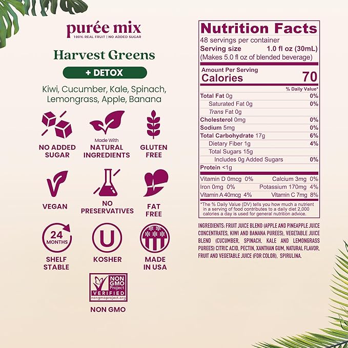 Smartfruit Harvest Greens + Detox – 100% Real Fruit Purée with Kiwi Cucumber Kale Spinach Lemongrass Apple Banana – Great for Smoothies Juice Yogurt Cocktails Teas &amp More – 48oz