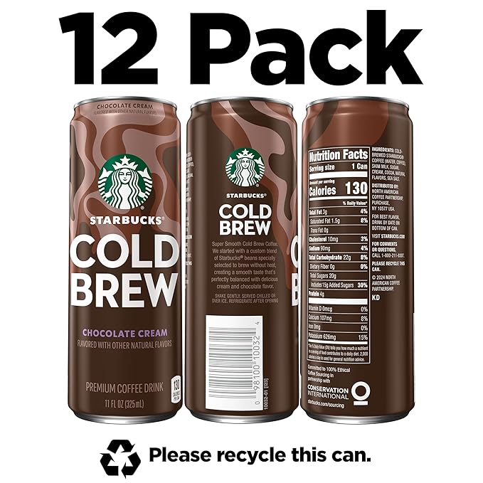 Starbucks Cold Brew Coffee Chocolate Cream 11 fl oz Cans (12 Pack) Premium Coffee Drink Iced Coffee