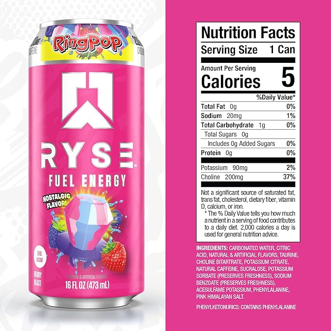 RYSE Fuel Energy Drink - Ring Pop Berry Blast - Sugar Free Gluten Free &amp Vegan - 200mg Natural Caffeine Taurine &amp Choline for Focus &amp Energy - No Artificial Colors - 16 fl oz Cans (12-Pa