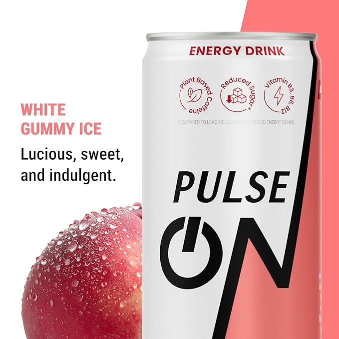 PulseOn Energy Drink- 200mg Natural Caffeine Taurine and Vitamin B|White Gummy Ice Reduced Sugar 11.2 fl oz((Pack of 24)