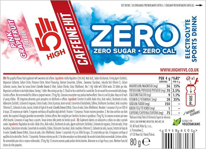 HIGH5 Zero Extreme Stimulant and Caffeine Drink Tabs - 8 x 20 Tablet Tube Pink Grapefruit