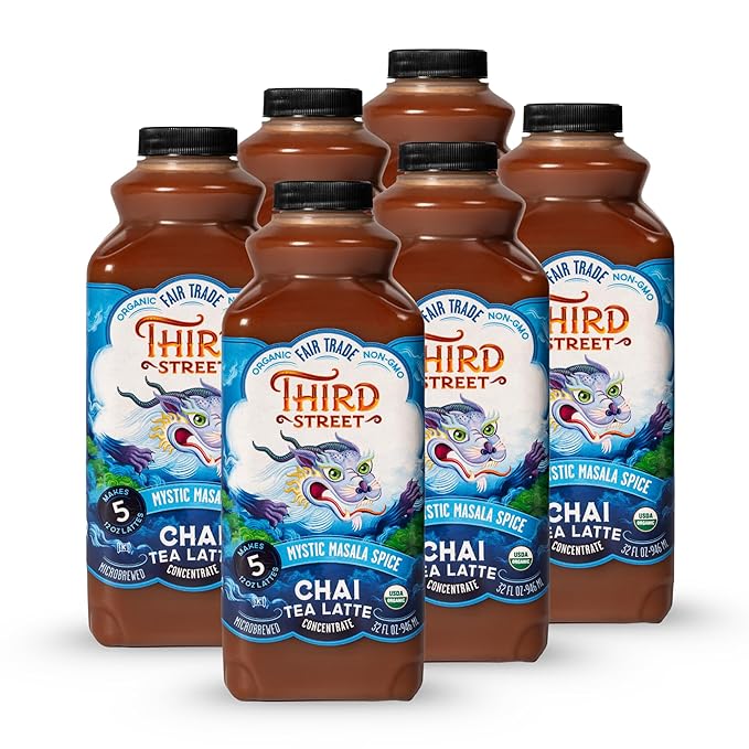 Third Street Chai Organic Mystic Masala Spice Chai Concentrate 6-Pack 32 Fl. Oz. Black Tea Latte Concentrate Authentically Dreamy Tea Blend Beverage Concentrate 1:1 Vegan Gluten Free Kosher No