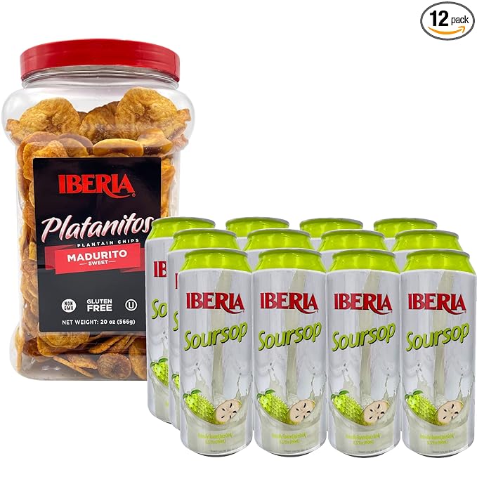 Iberia Soursop Juice Drink 16.57 Fl Oz (Pack of 12) + Iberia Maduritos Naturally Sweet Plantain Chips 20 Oz.