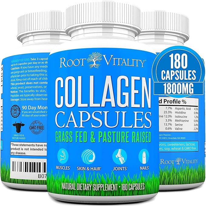 Root Vitality Collagen Peptides Capsules - Grass-Fed Pasture-Raised Hydrolyzed Protein Supplement for Skin Hair &amp Nails - Non-GMO Zero Sugar Daily Pills for Men &amp Women (180 Capsules)
