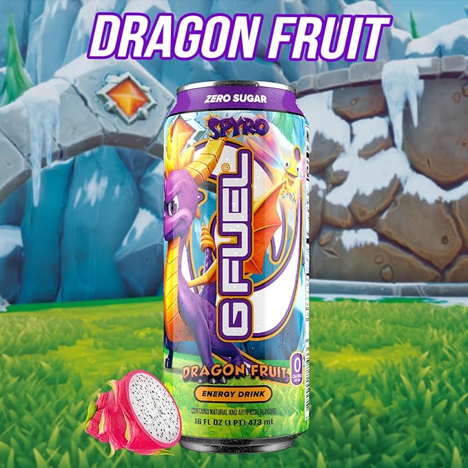 G Fuel Energy Drink Dragon Fruit Sugar Free Beverage with 140mg Caffeine Daily Energy Boost with Focus Amino Vitamin + Antioxidants 16 oz Cans (Spyro the Dragon 12-Pack)