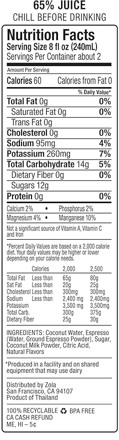 Zola Coconut Water with Espresso 17.5 Ounce (Pack of 12)
