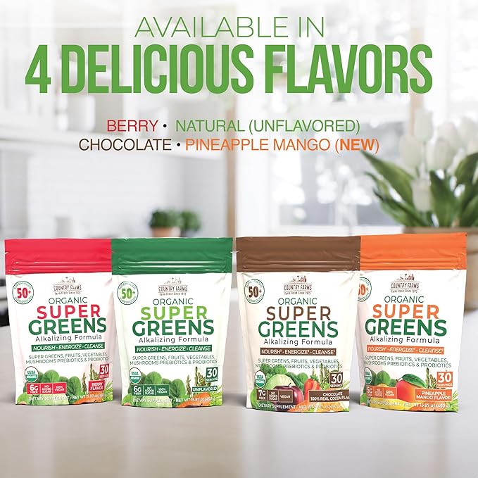 Country Farms Super Greens Pineapple-Mango Flavor 50 Organic Super Foods USDA Organic Drink Mix (Wheat Grass Spirulina Chlorella) Mushrooms &amp Probiotics with Fiber Natural Energy 30 Serving
