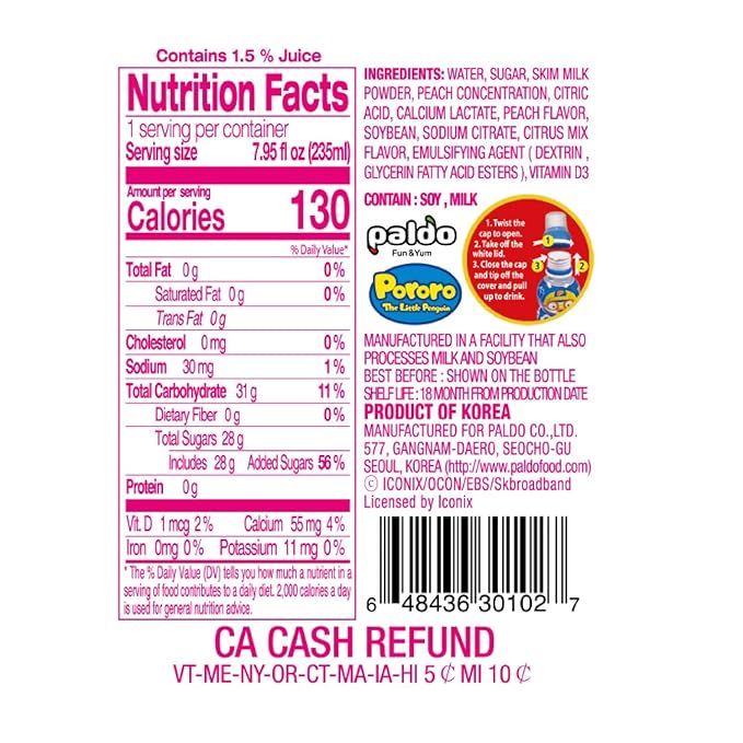 Paldo Fun &amp Yum Pororo Kids Peach Flavor Drink Pack of 8 Fruit Juice Drinks with Comfortable Push-Pull Sports Cap Perfect Drink for Children 7.95 fl oz. x 8
