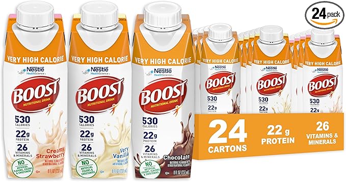 BOOST Very High Calorie Nutritional Drink – Helps Weight Gain &amp Maintenance -530 Calories -26 Vitamins &amp Minerals - 22 g Protein - Variety Pack - Vanilla Chocolate &amp Strawberry - 8 fl oz