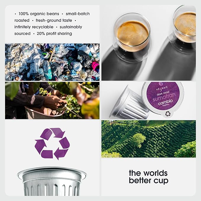 Cambio Roasters Sumatran Dark Roast Organic Coffee Pods - The Only Organic Recyclable Aluminum Coffee Pods Small Batch Roasted Keurig® Compatible Bold Flavor &amp Longer Lasting Freshness 60 Coun