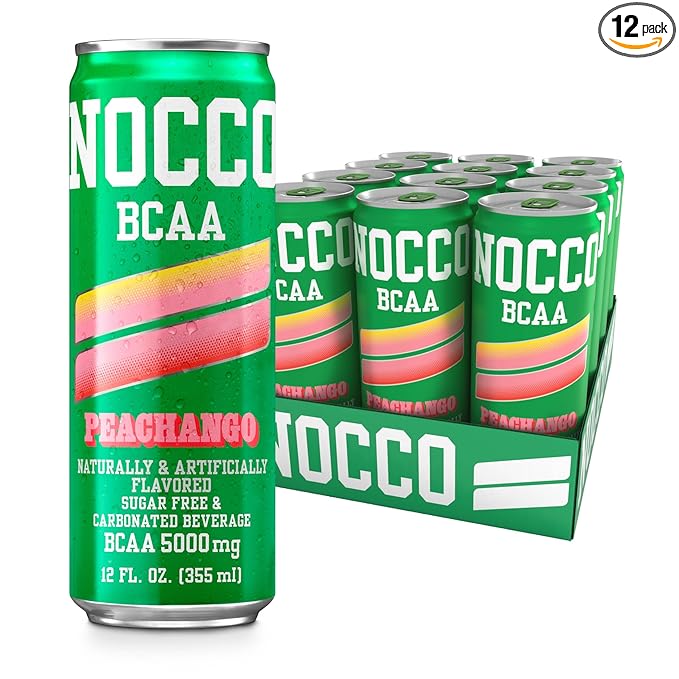 NOCCO BCAA Drink Peachango - 12 Fl Oz (Pack of 12) - 0mg of Caffeine 5000mg of BCAAs – Sugar &amp Caffeine Free Low Calorie Carbonated Drink with Vitamin B6 B12 Biotin - Grab &amp Go Performance