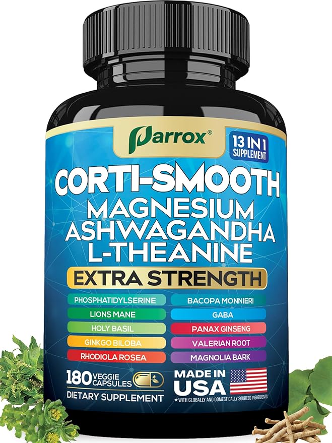 Corti-Smooth Cortisol Supplement Magnesium L-Theanine Ashwagandha Magnolia Bark Panax Ginseng Bacopa Monnieri GABA Lions Mane Ginkgo Biloba Phosphatidylserine Valerian Root (180 Caps)